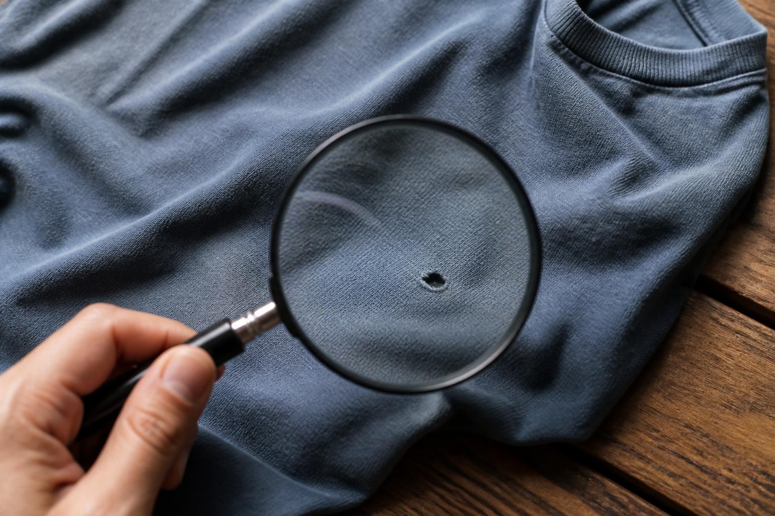 Close-up of a small hole in a cotton T-shirt fabric held against a bright light source