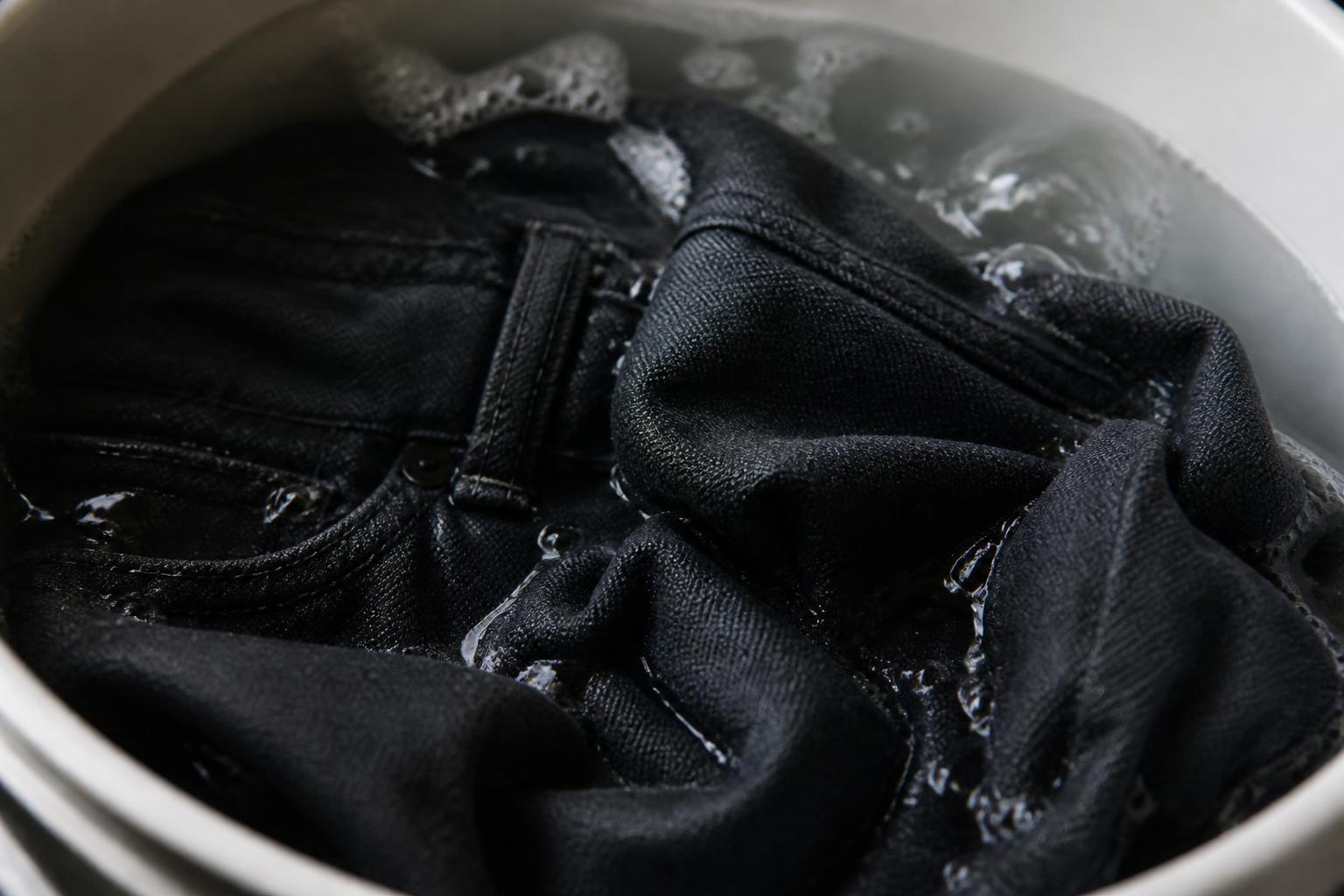 A pair of black denim jeans folded neatly on a clean white surface
