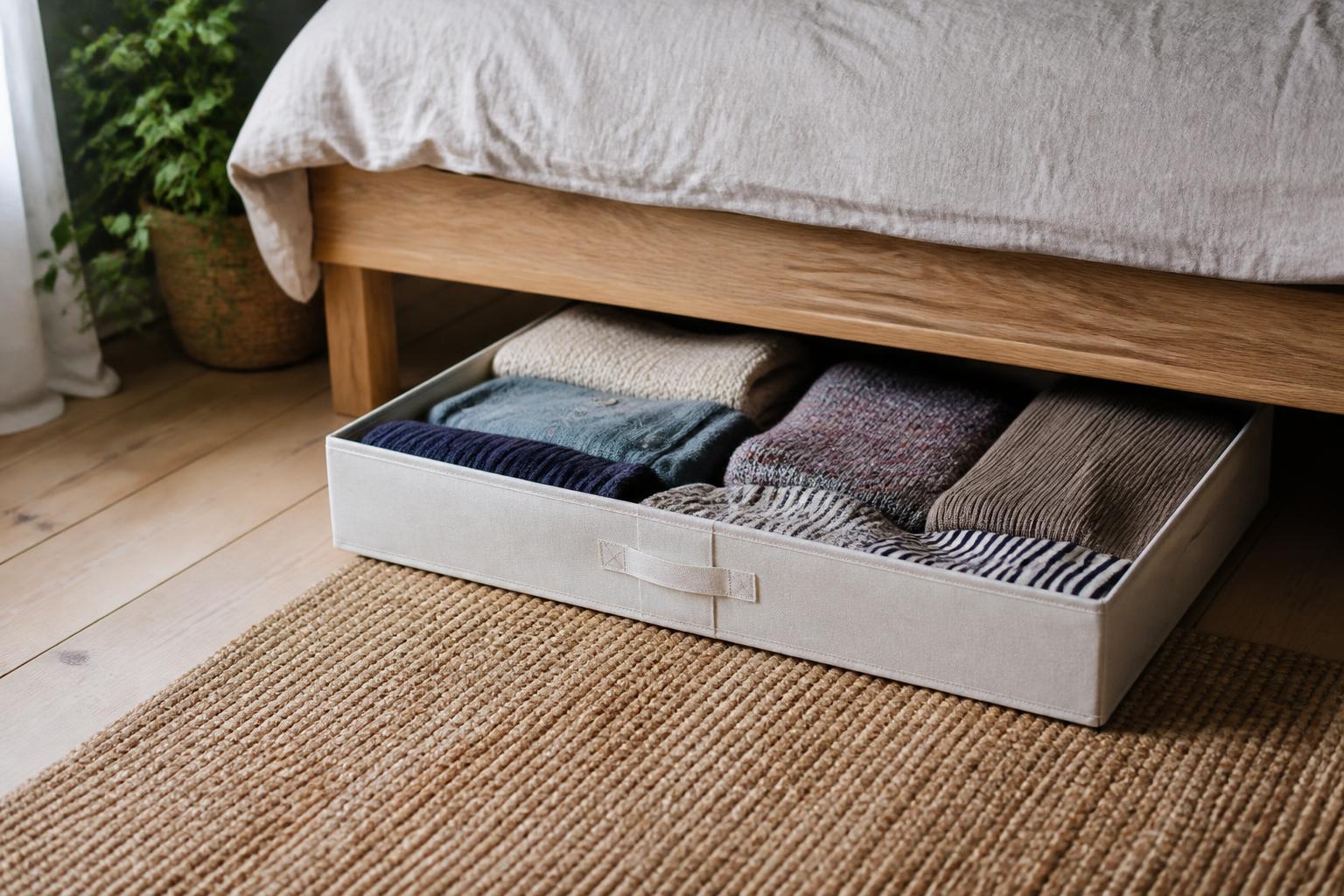 Clear plastic bins filled with folded sweaters slide neatly into the space beneath a wooden bed frame