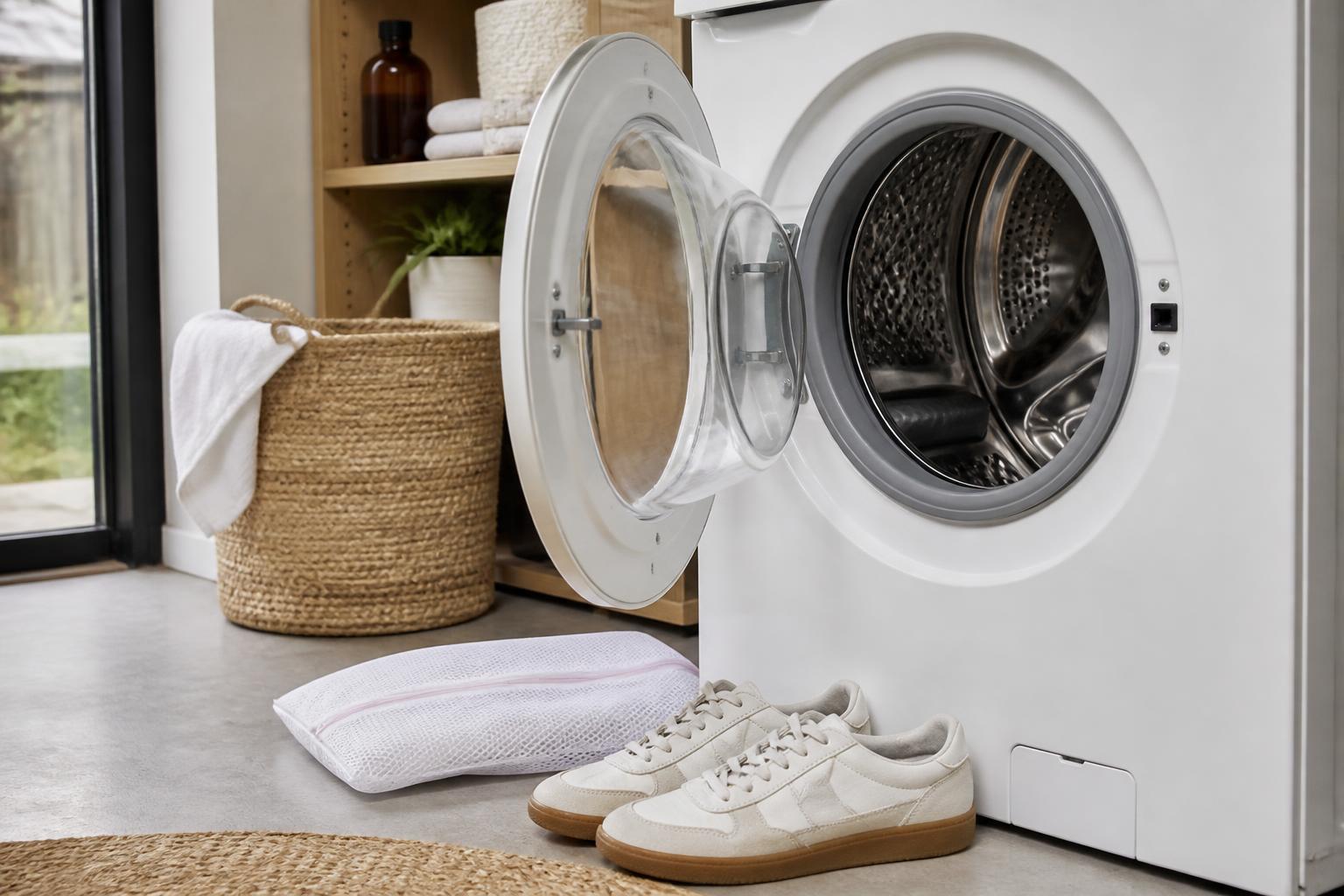 A pair of white trainers resting inside a mesh laundry bag on top of a washing machine drum
