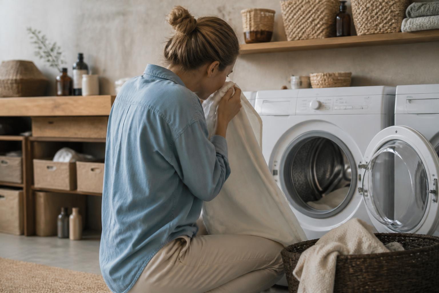A pile of freshly laundered white clothes sits inside an open front-loading washing machine drum