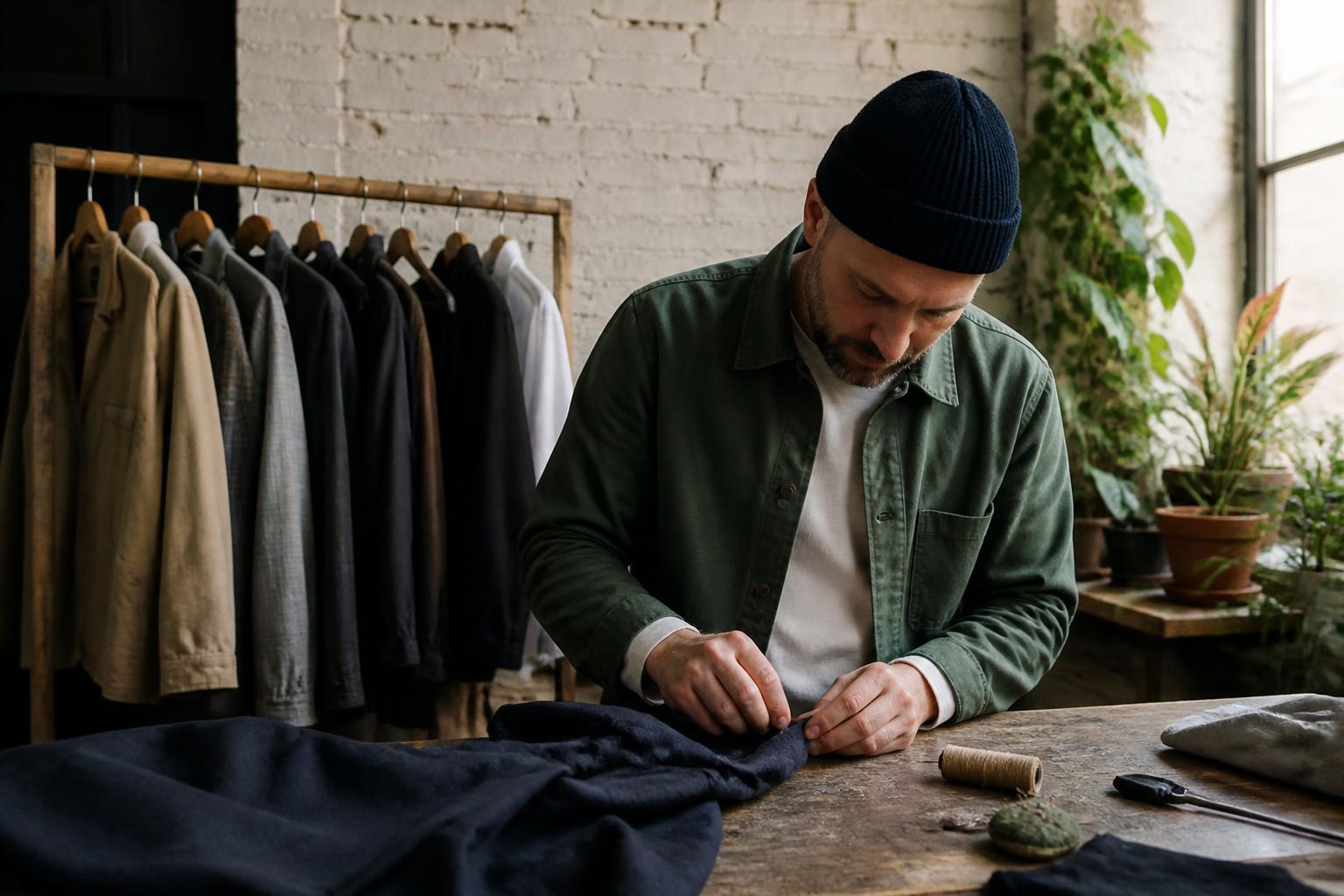 A man wearing a layered linen shirt and wool trousers stands against a neutral, minimalist studio background