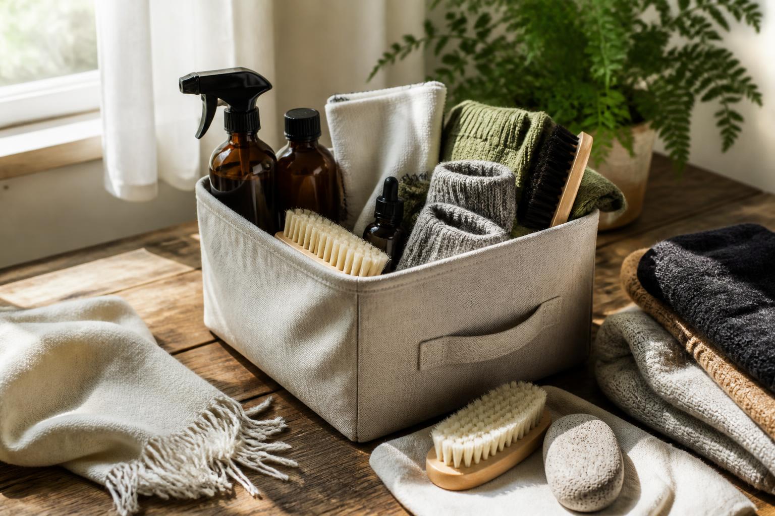 A collection of fabric shavers, lint rollers, and sewing supplies arranged neatly on a wooden tabletop