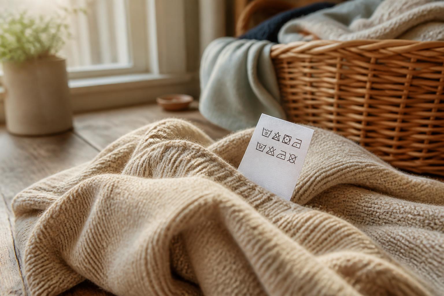 Close-up of various white fabric care symbols printed on a garment tag against a soft-focus background