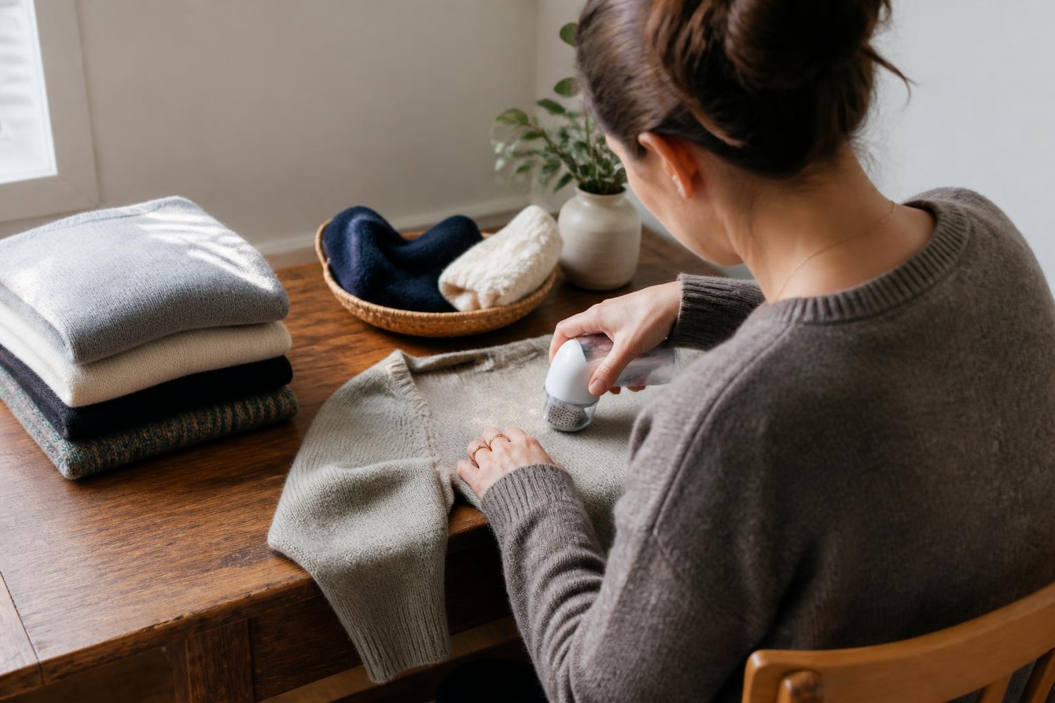 Close-up of a soft wool sweater surface covered in small fabric pills and loose fibers