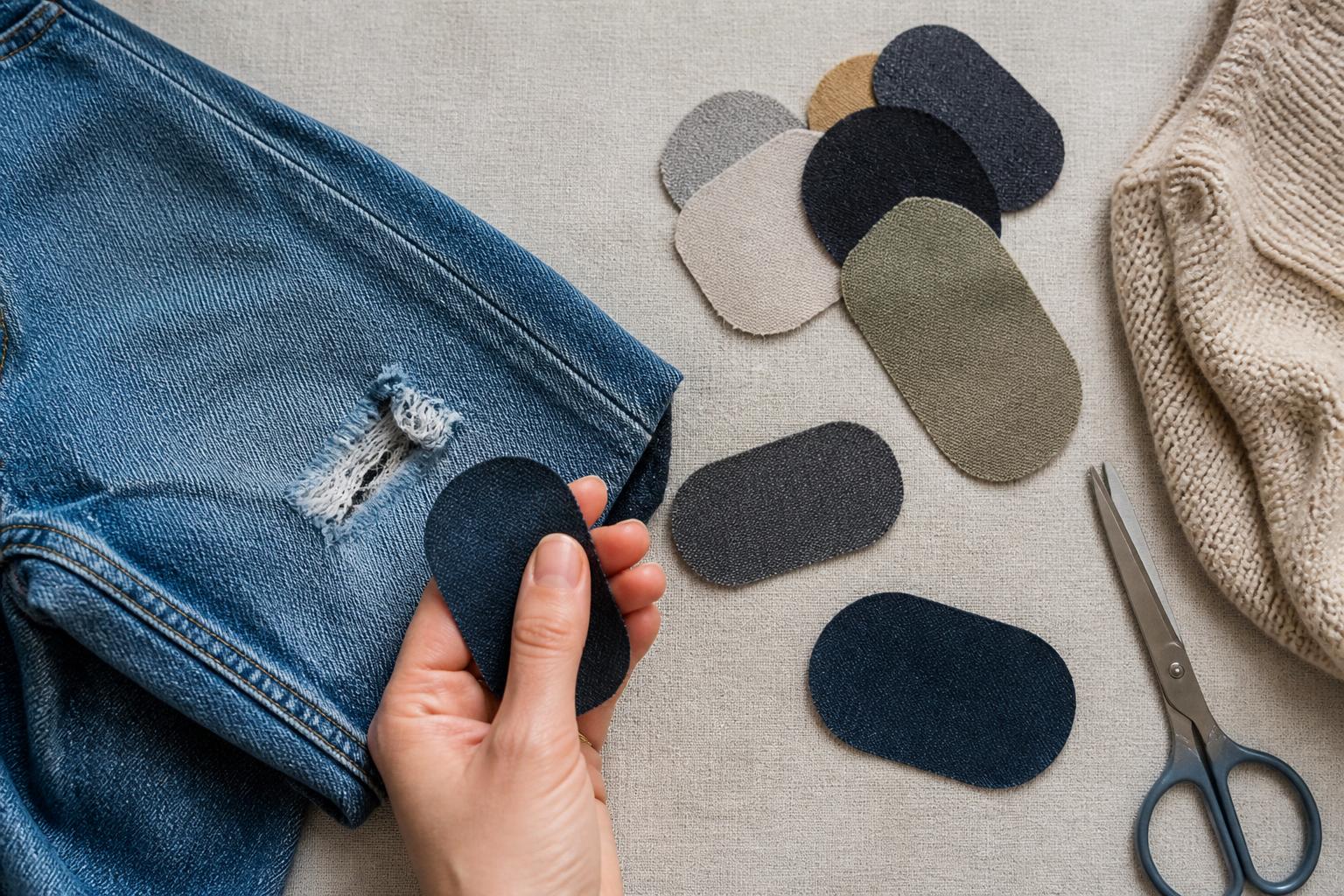 Assorted fabric repair patches laid out on a wooden surface next to a needle and thread