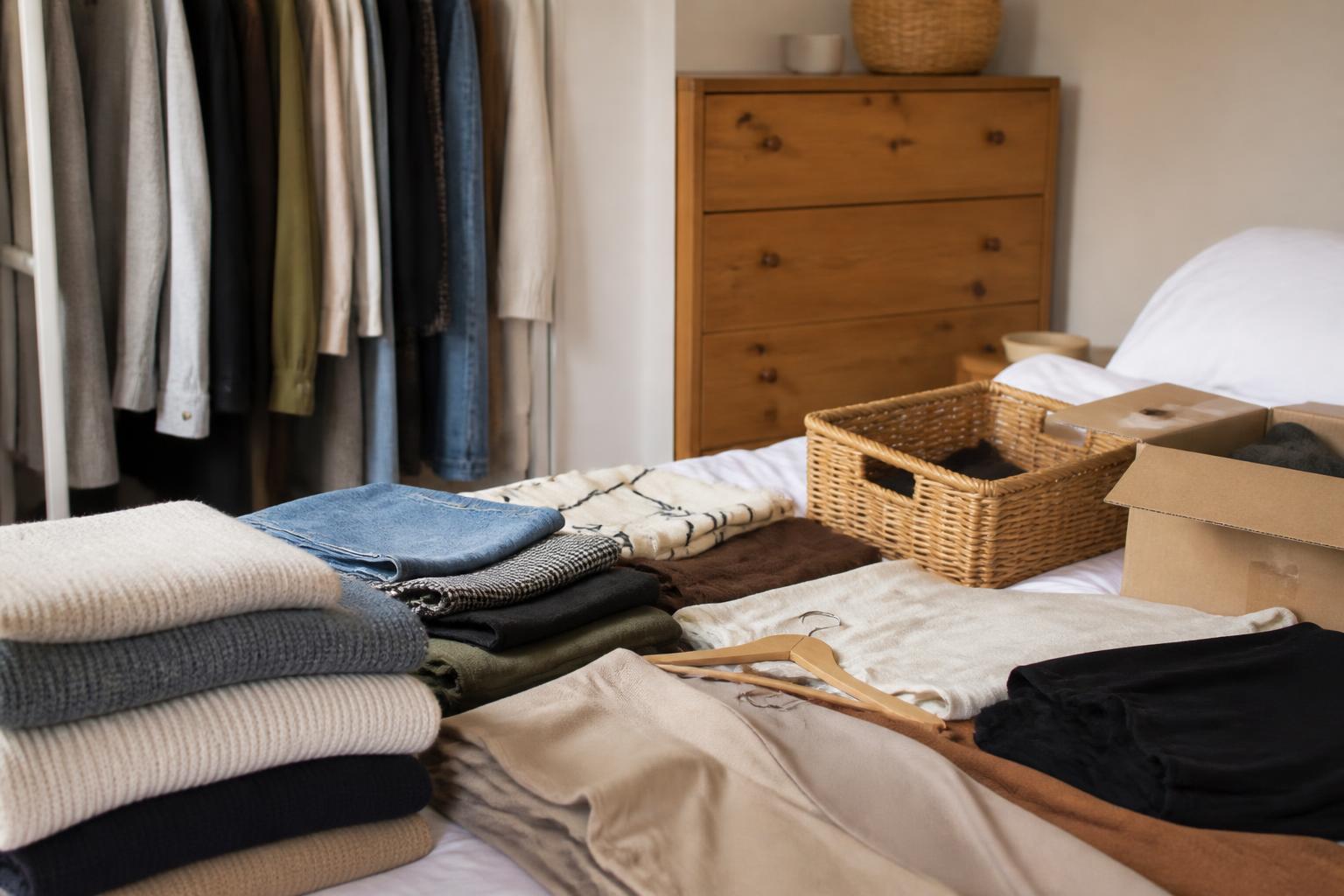 A neatly organized wardrobe shelf filled with folded sweaters and labeled storage bins in a compact bedroom