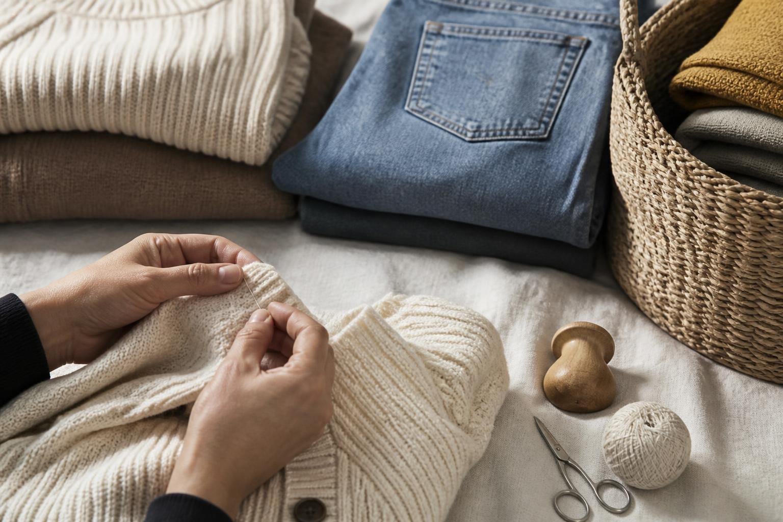 A neatly folded stack of organic cotton garments in neutral tones resting on a wooden surface