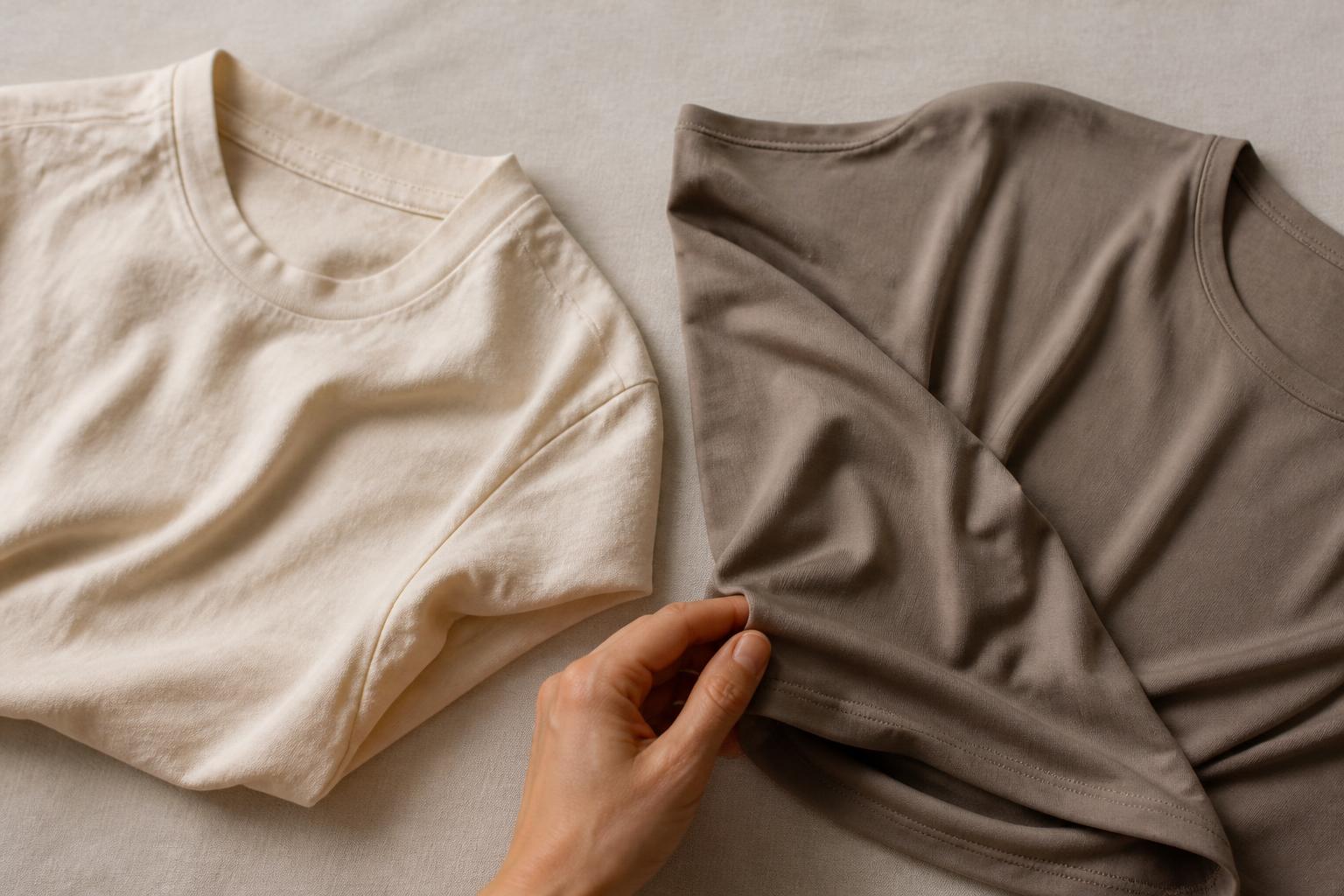 Close-up of soft modal fabric folded neatly next to a stack of white cotton textiles on a wooden surface