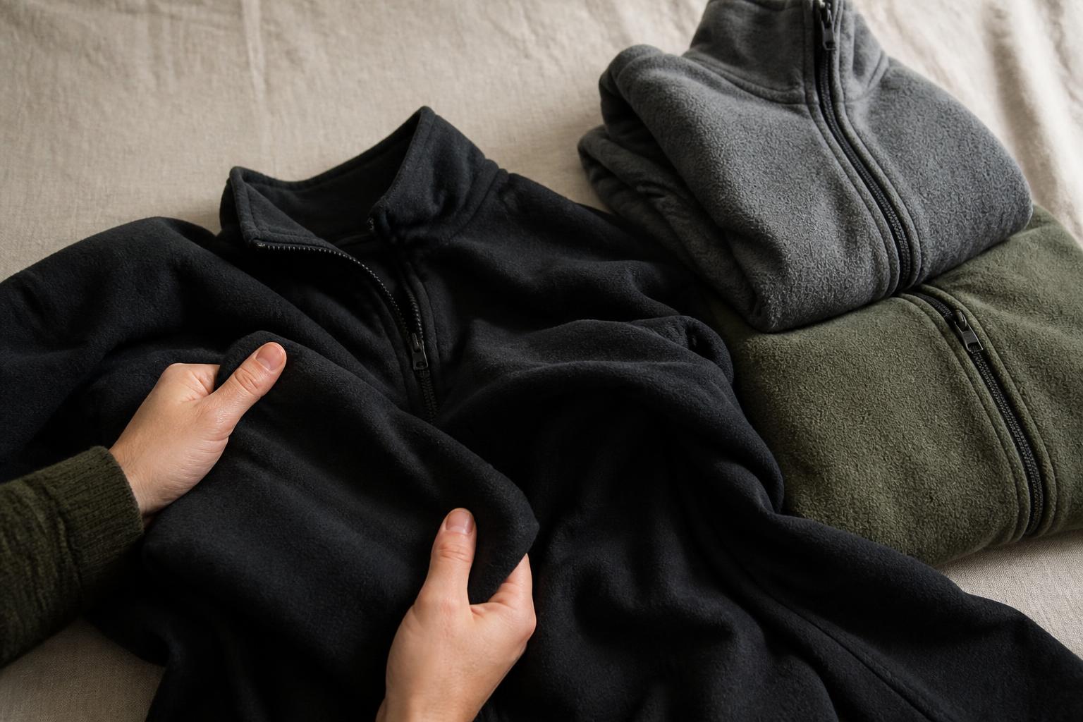 Close-up of textured polyester fabric fibers woven together in a neutral grey tone
