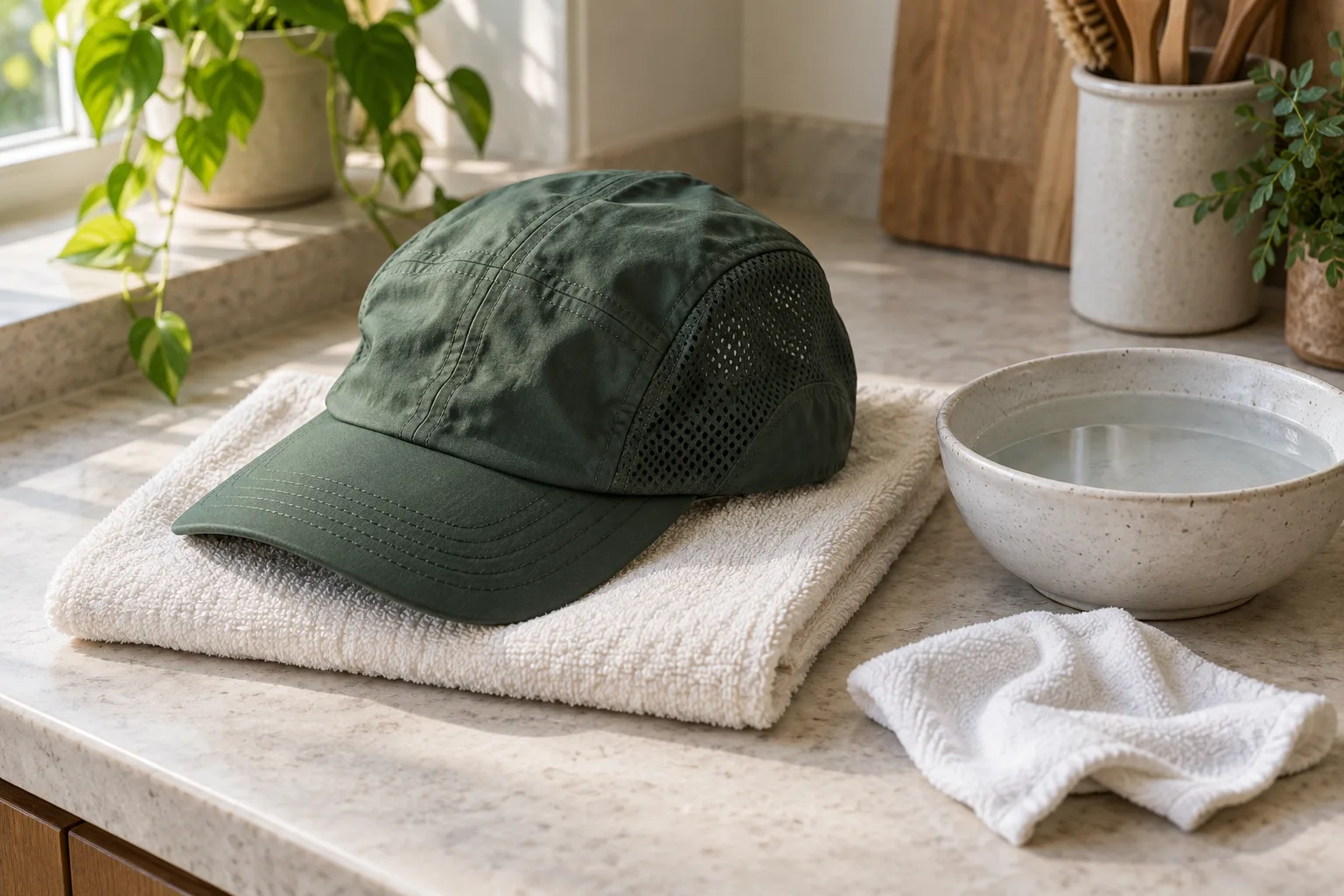 Forest-green running cap on an ivory towel beside a ceramic bowl and cleaning cloth.