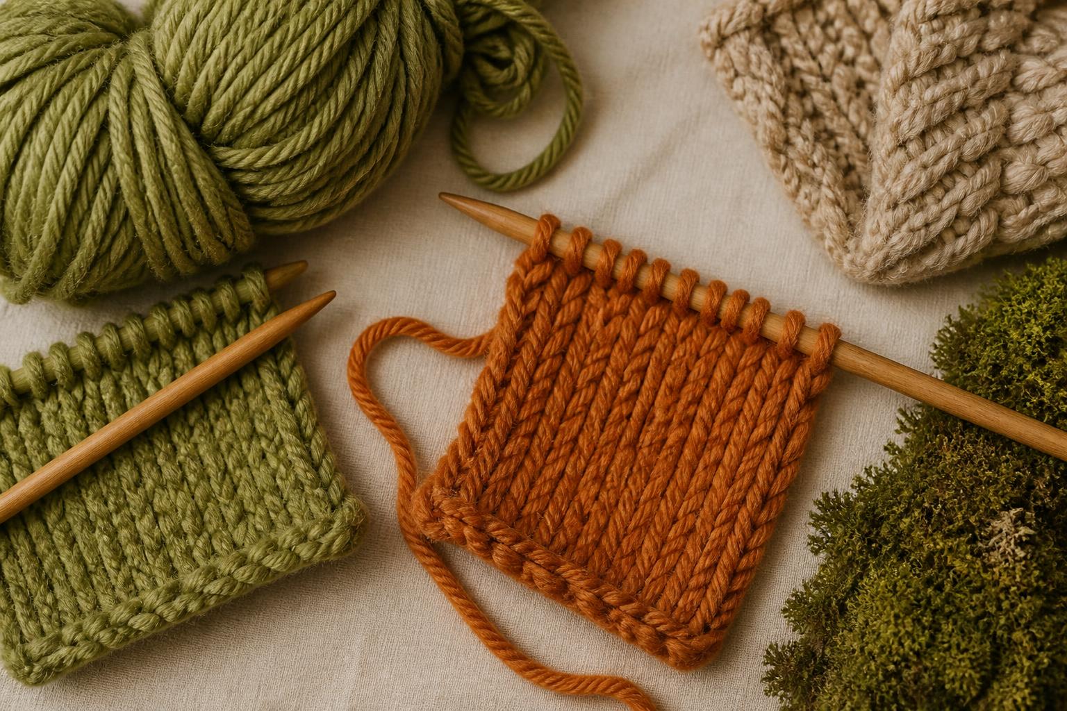 A skein of soft wool yarn resting next to a pair of knitting needles and a printed pattern on a wooden table