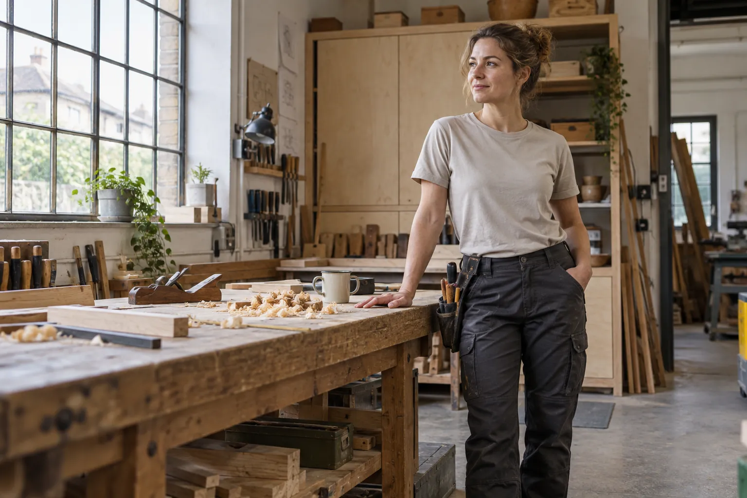 A person wearing dark work trousers beside a wooden workbench in a bright workshop