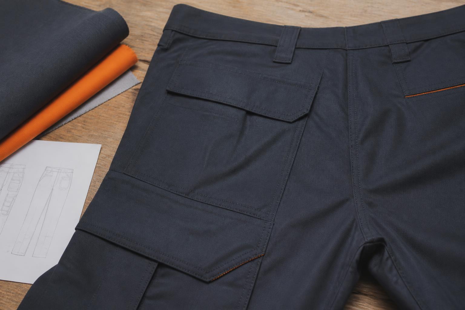 Close-up of a measuring tape wrapped around the waist of a pair of dark work trousers laid flat on a wooden surface
